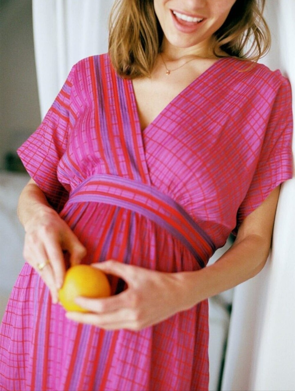 Hatch Carolina Fuchsia Stripe V‑Neck Midi Dress by Hatch (Maternity)
